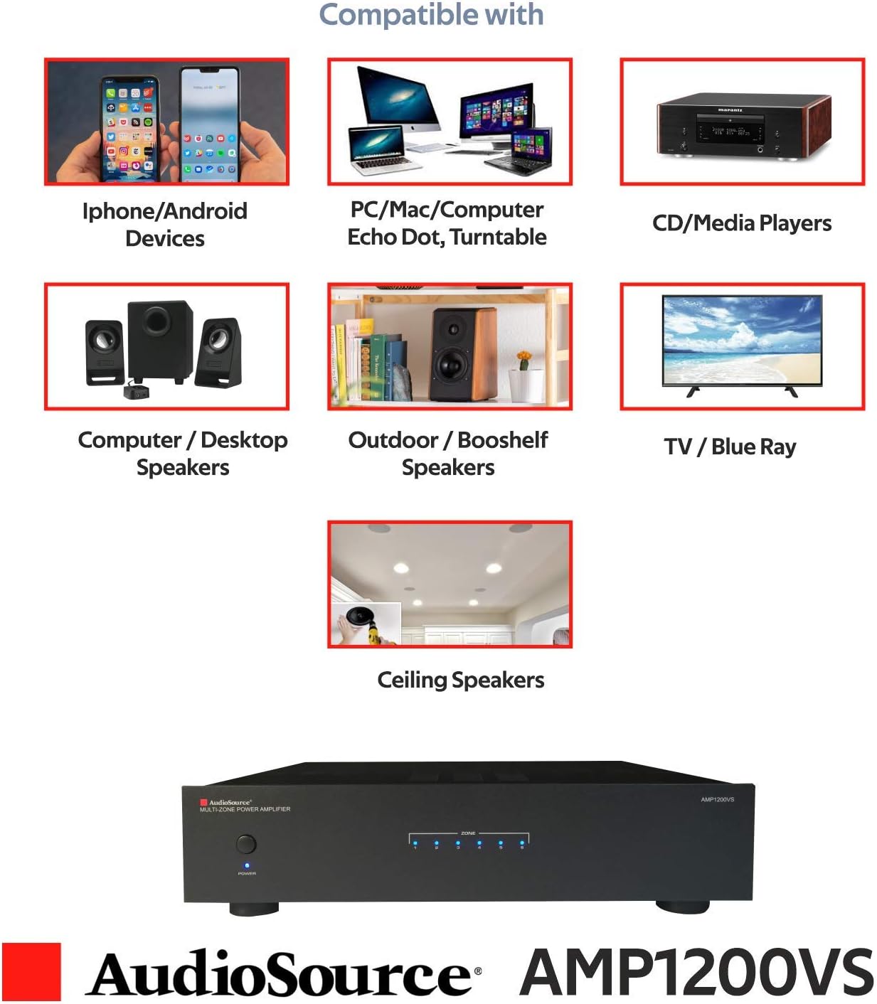 AudioSource Analog Amplifier, Stereo More Versatility A Amplifier AMP1200VS for Home Sound Systems (Renewed)