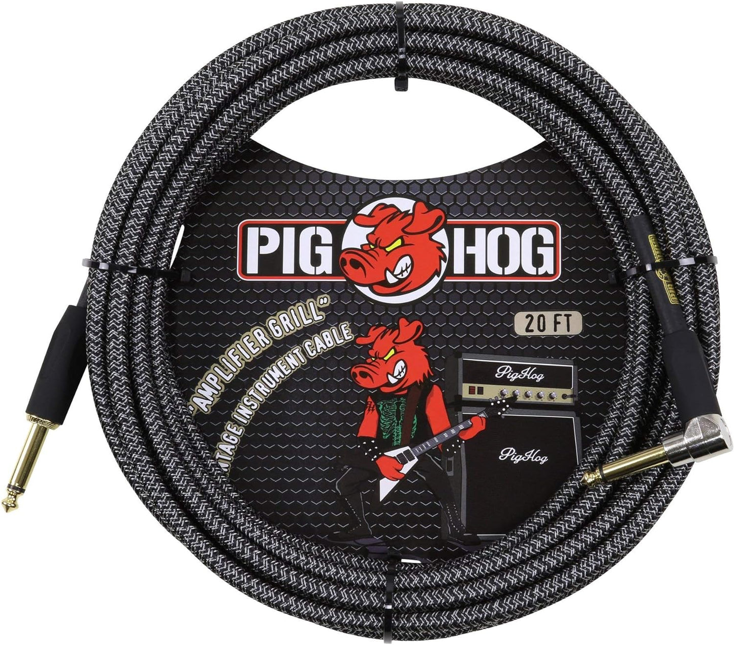 Pig Hog PCH20AGR Right-Angle 1/4" to 1/4" Amplifier Grill Guitar Instrument Cable, 20 Feet