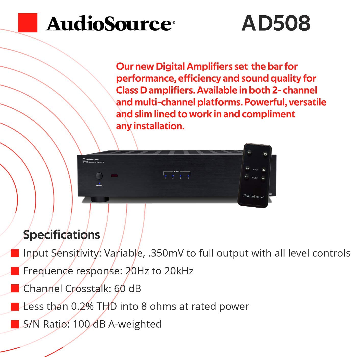 AudioSource Digital Amplifier, 8 Channels Stereo Versatility D Amplifier AD508 for Home Sound Systems (Renewed)