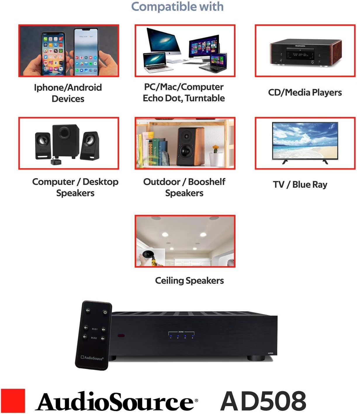 AudioSource Digital Amplifier, 8 Channels Stereo Versatility D Amplifier AD508 for Home Sound Systems (Renewed)