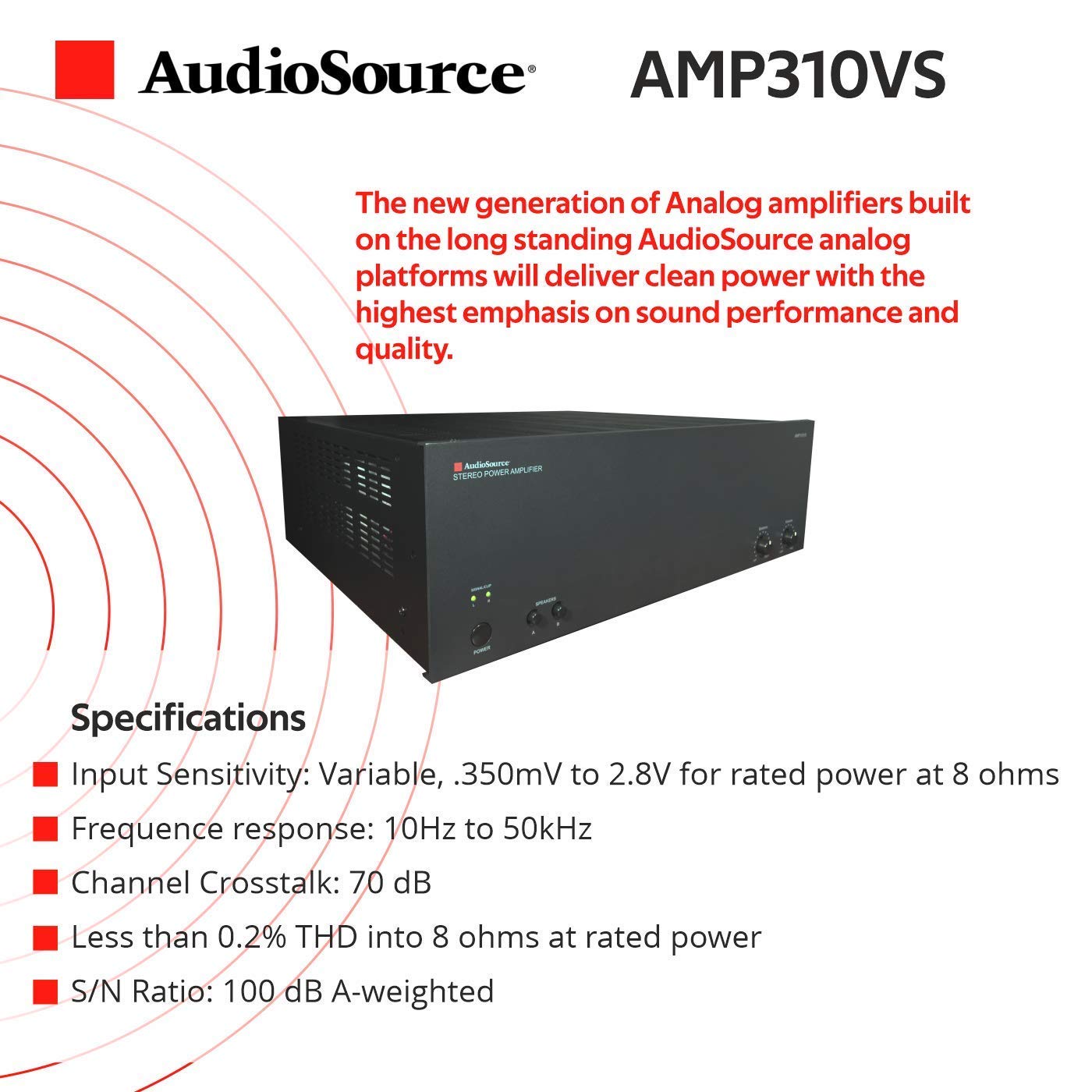 AudioSource Analog Amplifier, Stereo Power A Amplifier AMP210VS for Home Sound Systems (Renewed)