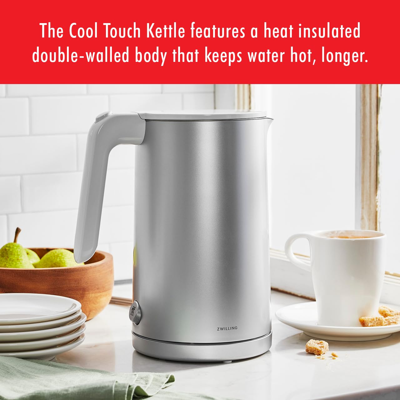 ZWILLING Enfinigy Cool Touch 1.5-Liter Electric Kettle, Cordless Tea Kettle & Hot Water, Silver