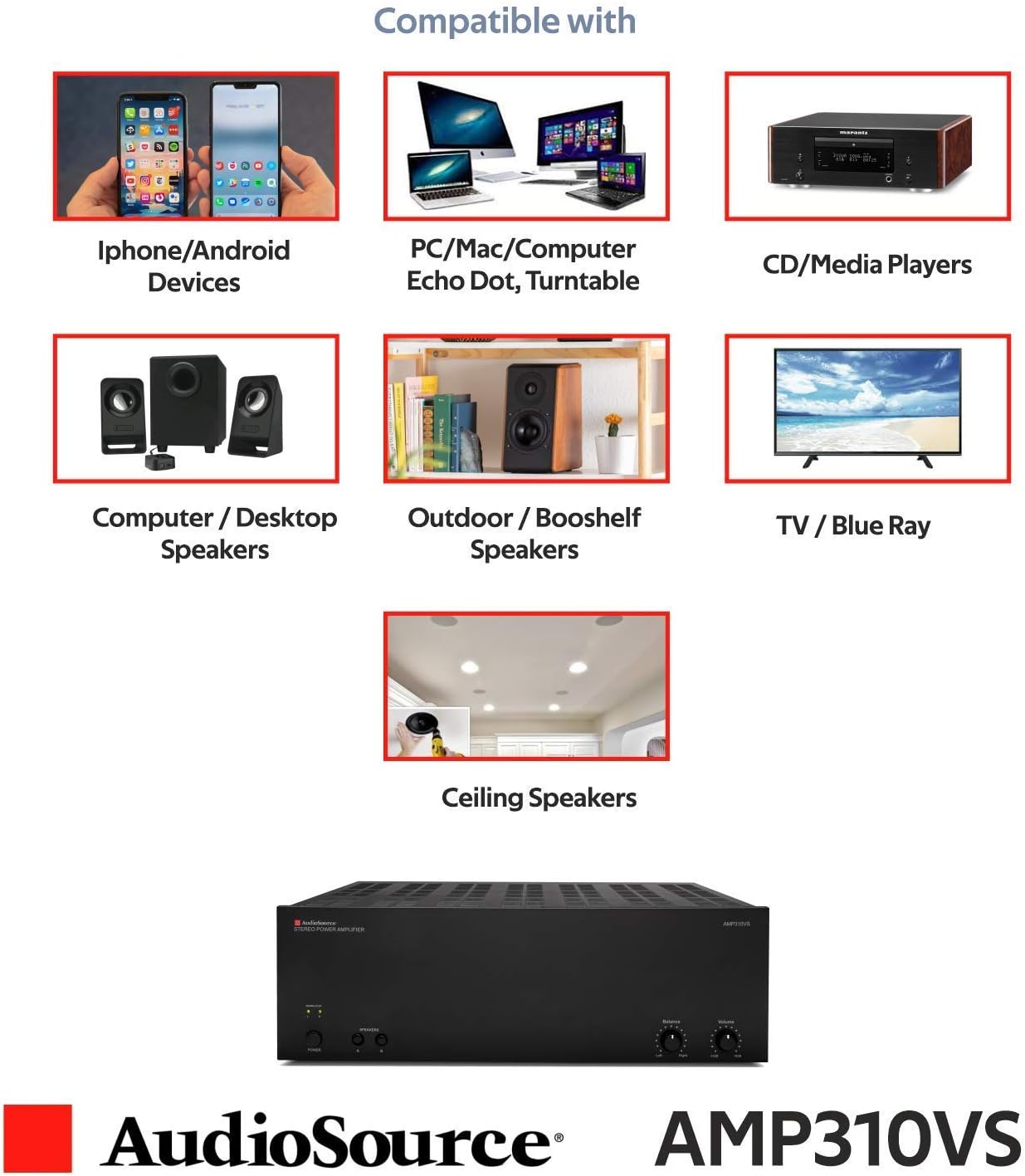 AudioSource Analog Amplifier, Stereo Power A Amplifier AMP210VS for Home Sound Systems (Renewed)