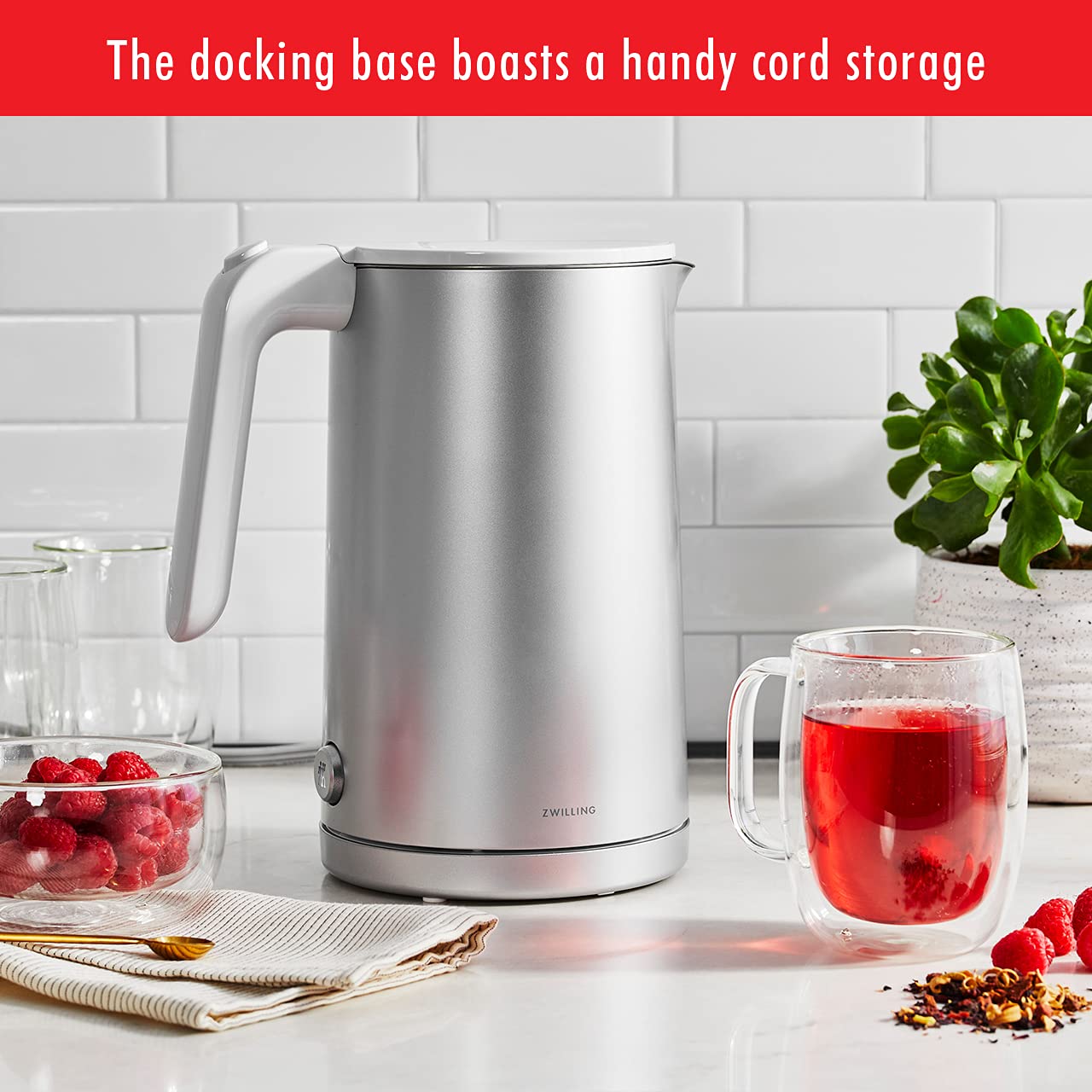 ZWILLING Enfinigy Cool Touch 1.5-Liter Electric Kettle, Cordless Tea Kettle & Hot Water, Silver