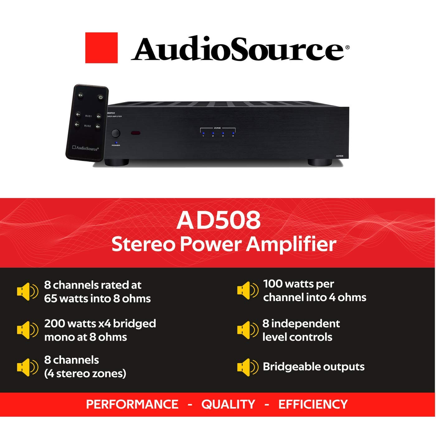 AudioSource Digital Amplifier, 8 Channels Stereo Versatility D Amplifier AD508 for Home Sound Systems (Renewed)