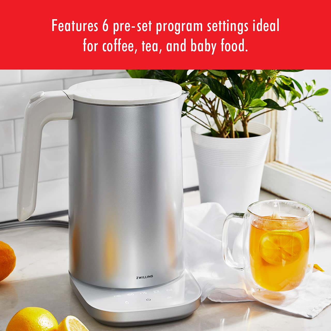 ZWILLING Enfinigy Cool Touch 1.5-Liter Electric Kettle Pro, Cordless Tea Kettle & Hot Water, Silver