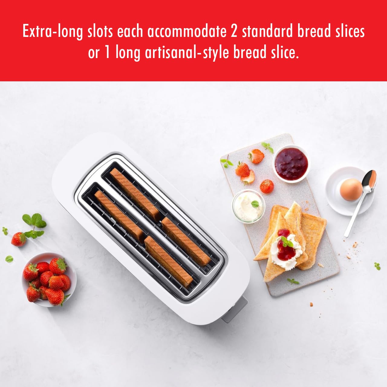 ZWILLING Enfinigy 2 Long Slot Toaster, 4 Slices with Extra Wide 1.5" Slots for Bagels, 7 Toast Settings, Even Toasting, Reheat, Cancel, Defrost, Silver