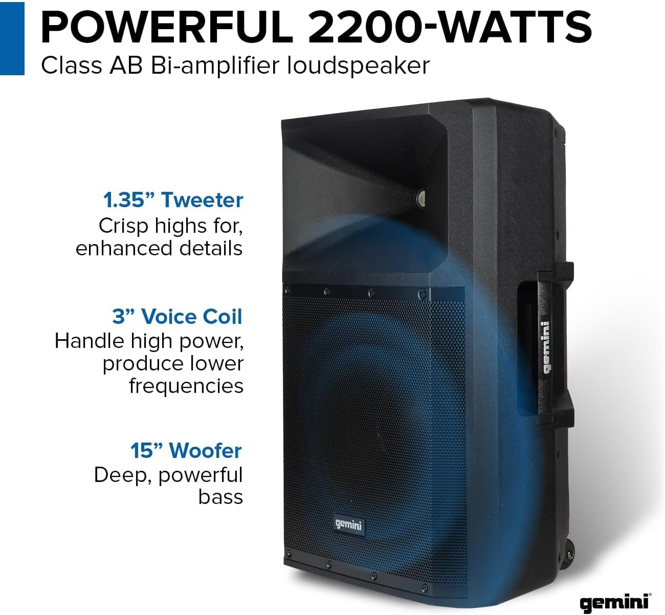 Gemini Sound GSP-2200 Elite 2200W 15" Active DJ PA Speaker with Bluetooth Stereo and Integrated 3-Channel Mixer