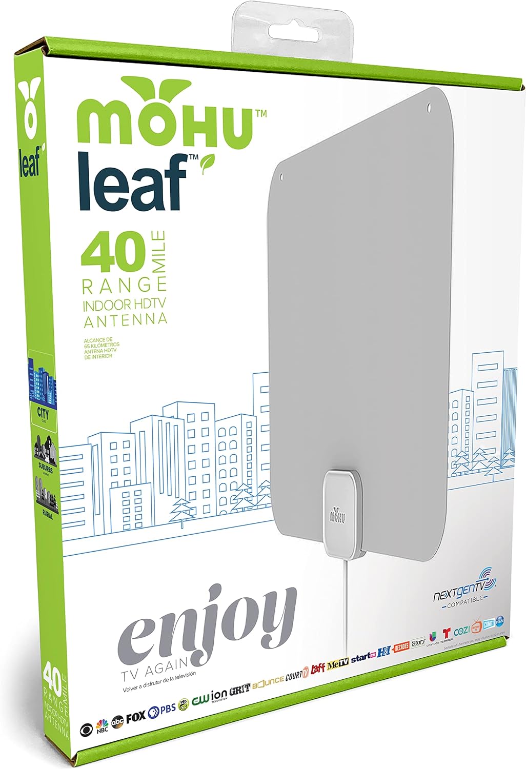 Mohu Leaf Ultra-Thin Indoor TV Antenna, UHF VHF, 40-Mile Range, Multi-Directional, 4K UHD, NEXTGEN TV (12ft Cable)