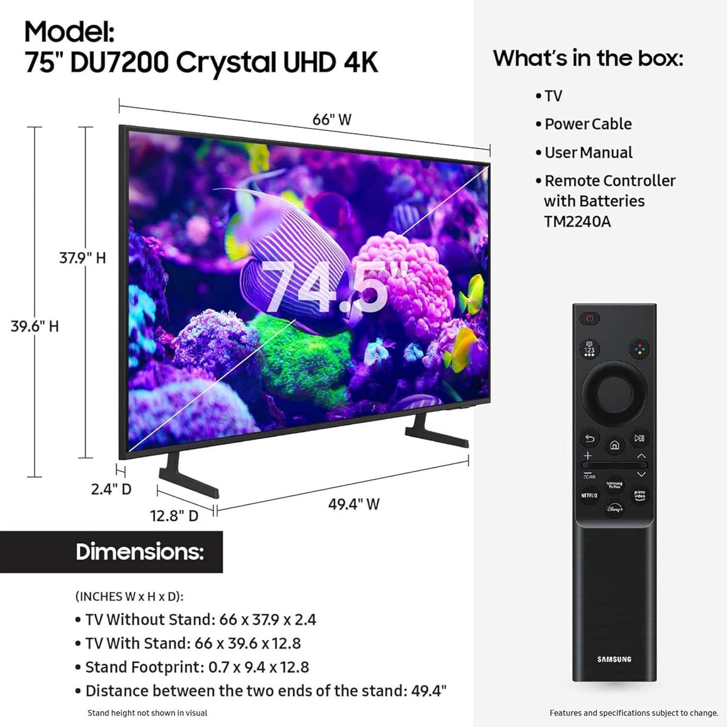 Samsung DU7200 75" Crystal UHD 4K Series HDR Smart TV (2024)