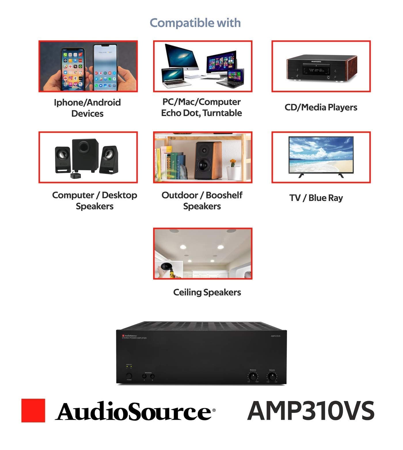 AudioSource Analog Amplifier, Stereo Power A Amplifier AMP210VS for Home Sound Systems (Renewed)