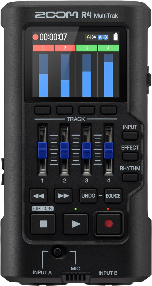 Zoom R4 MultiTrak 32-Bit Float Recorder with Stereo Bouncing, 2 XLR/Combo Inputs, Built-In Microphone, Effects, Rhythms, Battery Powered, and Audio Interface