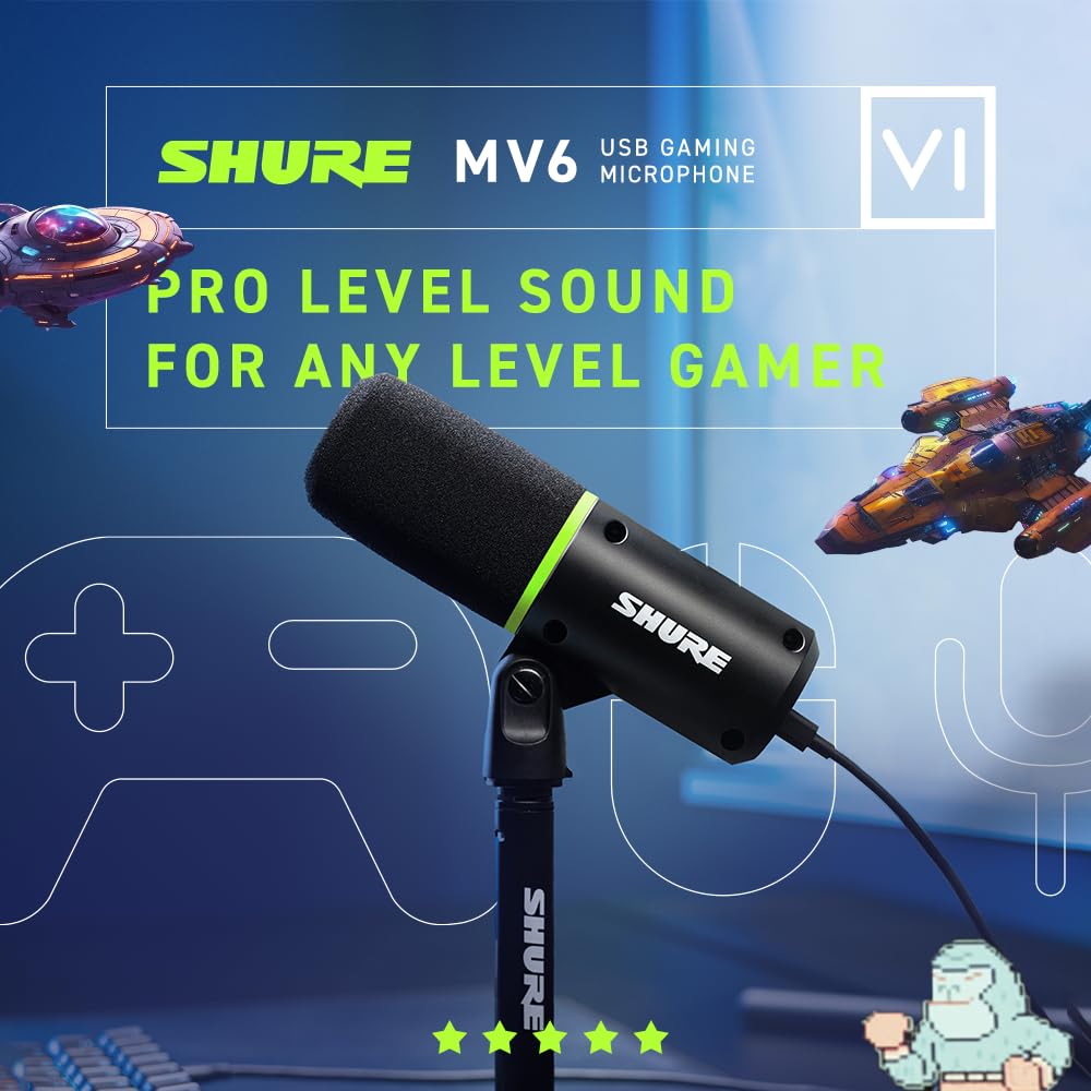 Shure MV6 Gaming Microphone, Dynamic USB PC Mic for Gaming & Streaming - Desktop Stand, Background Noise Cancellation, Tap-to-Mute & 3.5mm Output for Real-Time Headphone Monitoring