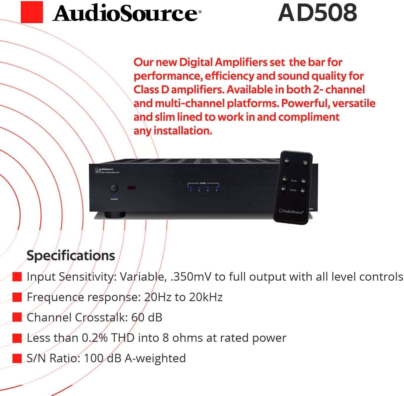 AudioSource Digital Amplifier, 8 Channels Stereo Versatility D Amplifier AD508 for Home Sound Systems (Renewed)