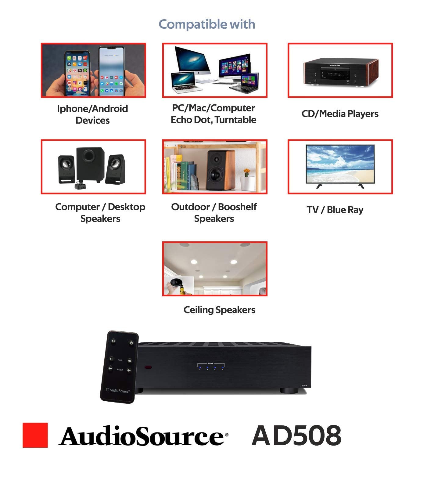 AudioSource Digital Amplifier, 8 Channels Stereo Versatility D Amplifier AD508 for Home Sound Systems (Renewed)