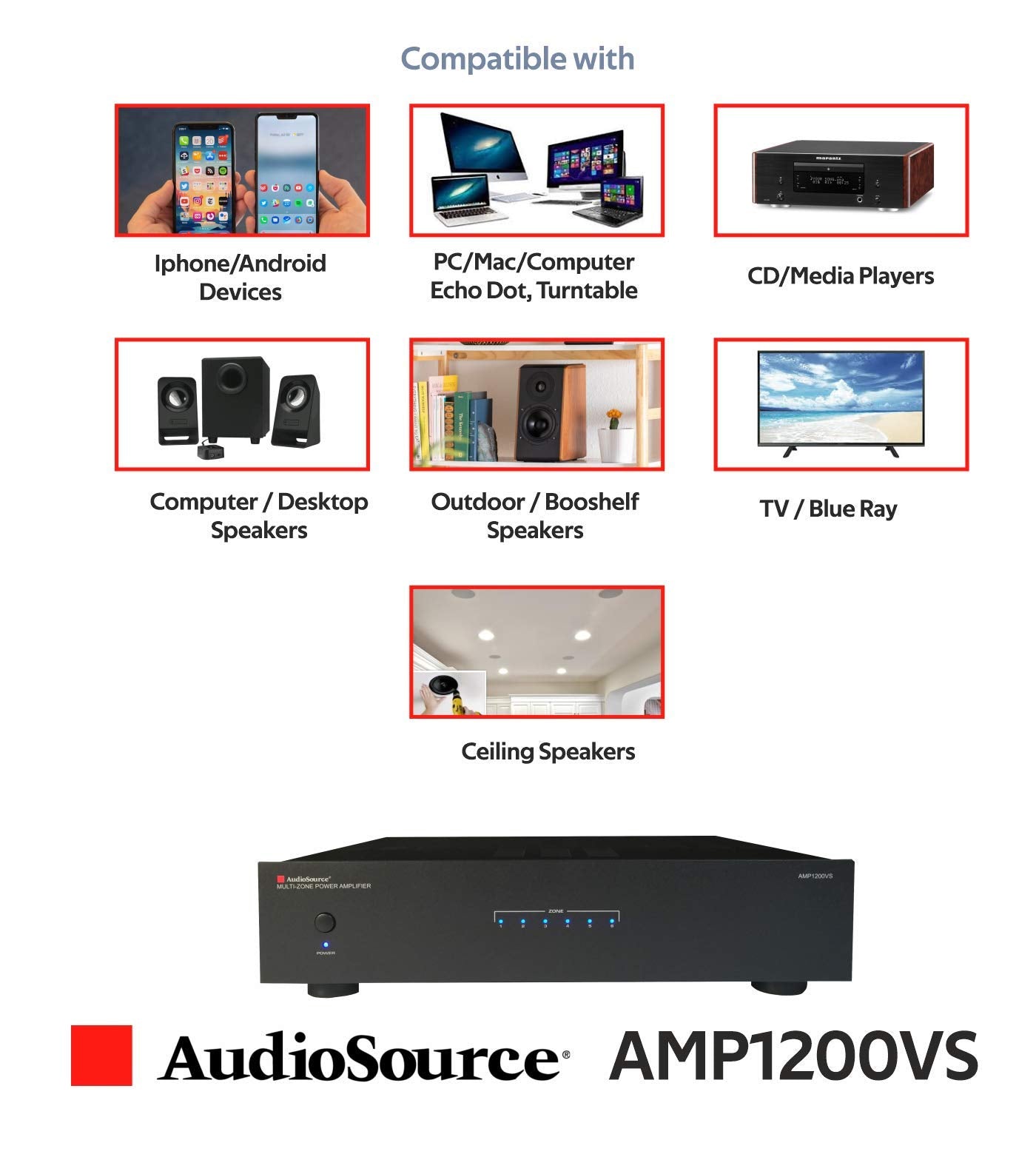 AudioSource Analog Amplifier, Stereo More Versatility A Amplifier AMP1200VS for Home Sound Systems (Renewed)