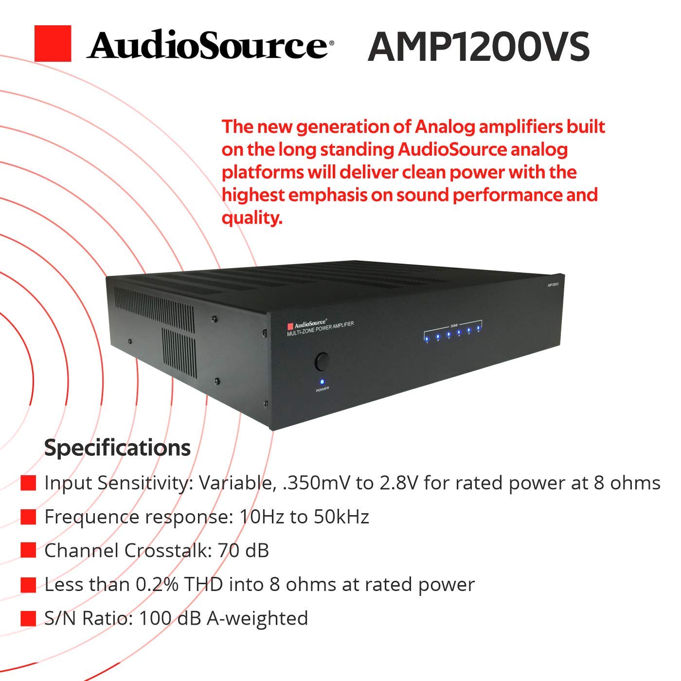 AudioSource Analog Amplifier, Stereo More Versatility A Amplifier AMP1200VS for Home Sound Systems (Renewed)