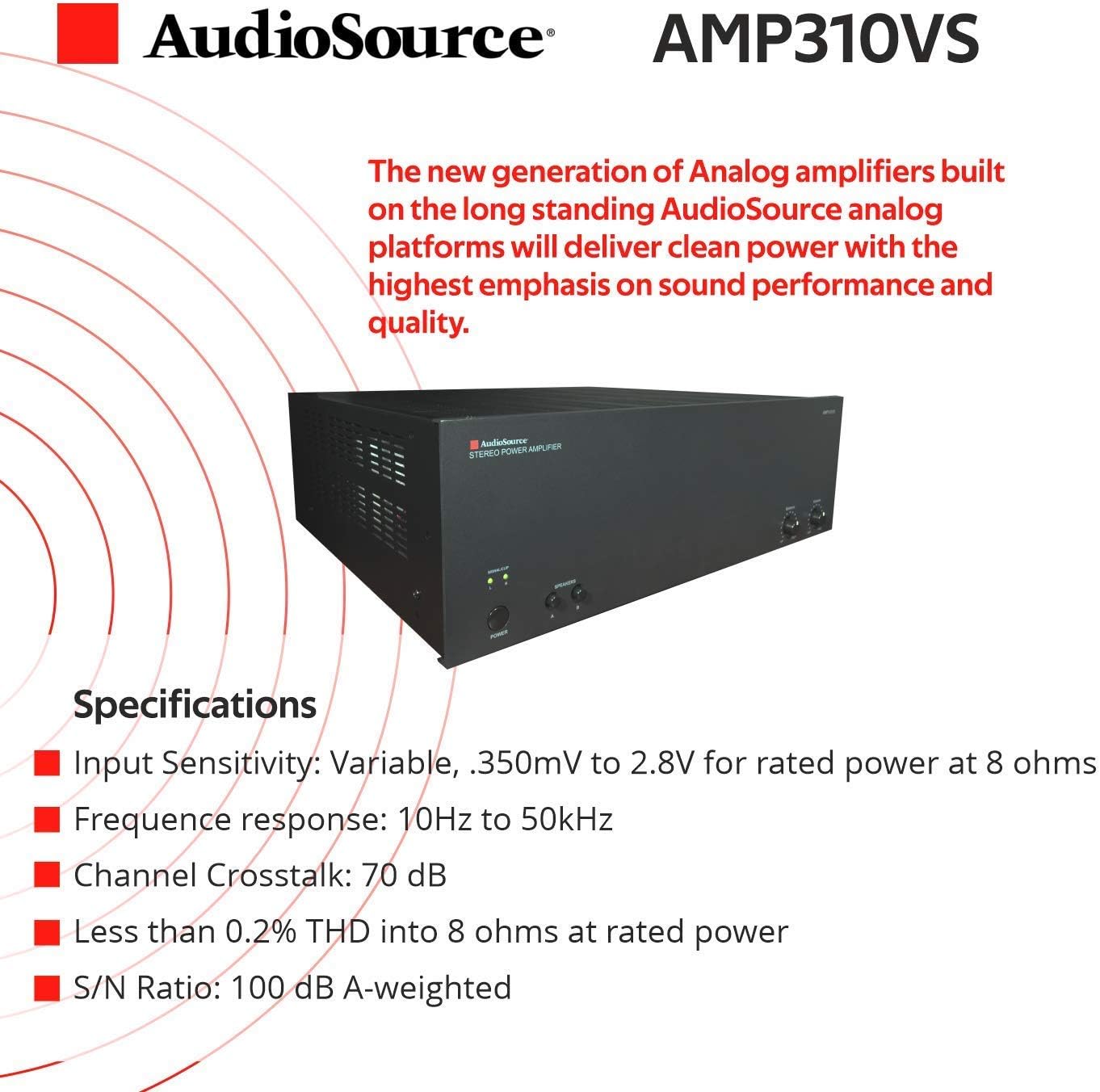 AudioSource Analog Amplifier, Stereo Power A Amplifier AMP210VS for Home Sound Systems (Renewed)