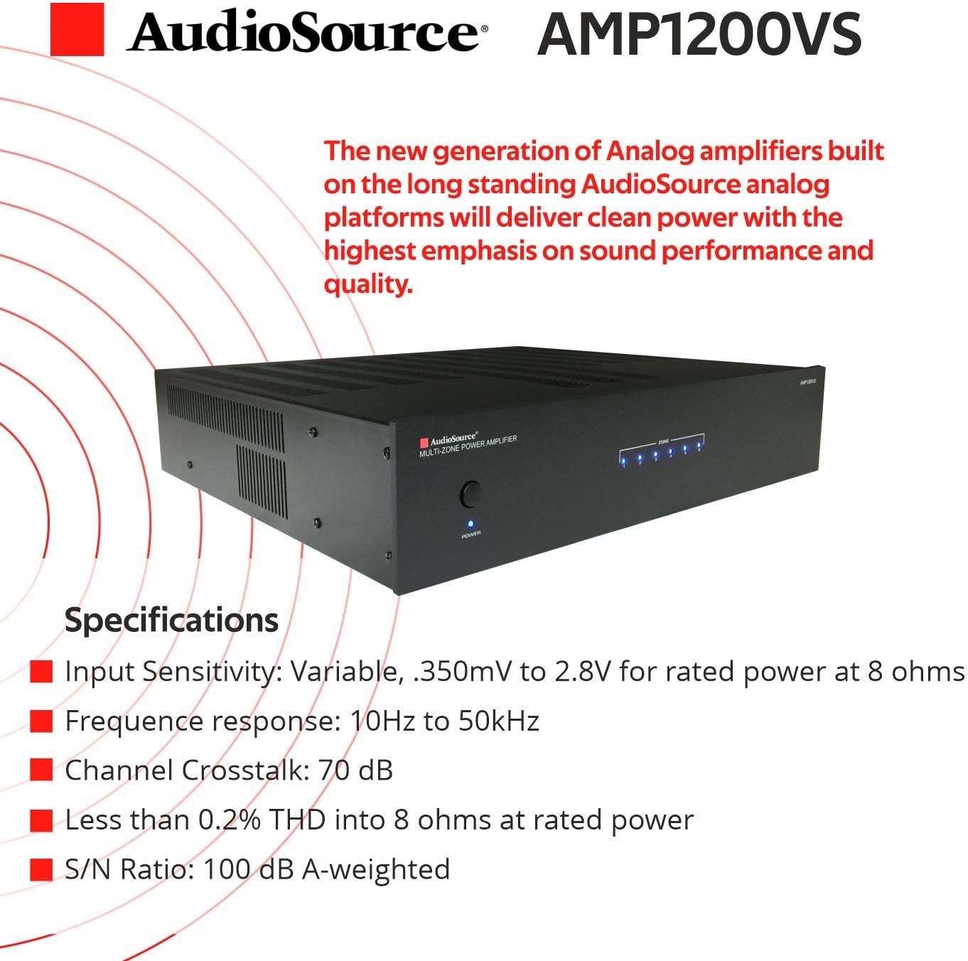 AudioSource Analog Amplifier, Stereo More Versatility A Amplifier AMP1200VS for Home Sound Systems (Renewed)