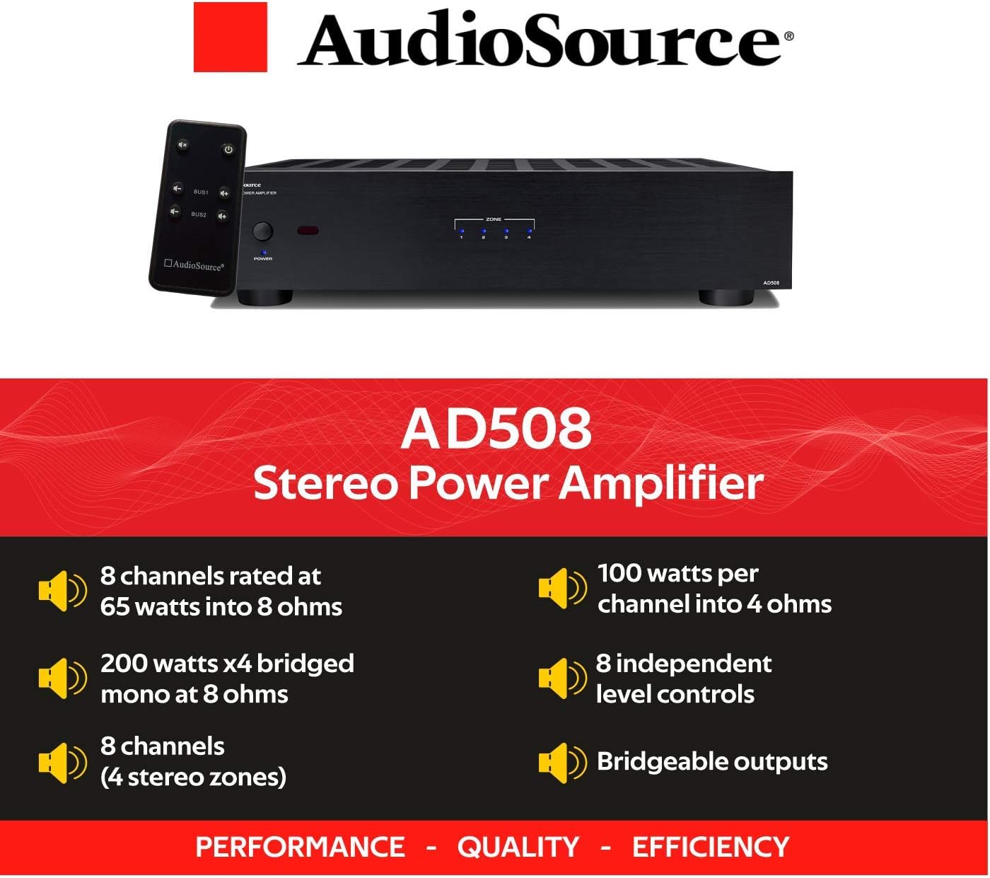 AudioSource Digital Amplifier, 8 Channels Stereo Versatility D Amplifier AD508 for Home Sound Systems (Renewed)