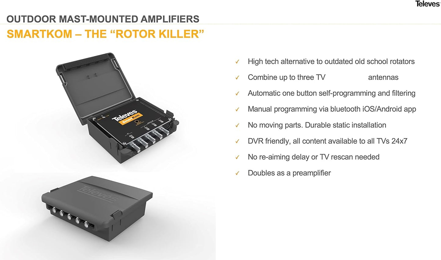 Televes SmartKom 531981 Antenna Combiner Preamp Rotor Alternative Combines Up to 3 Antennas and Distributes Signal Fine Tune with iOS/Android App