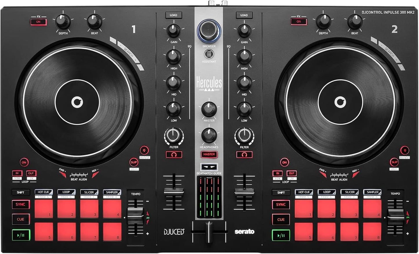 Hercules DJControl Inpulse 300 MK2 ? USB DJ controller ? 2 decks with 16 pads and built-in sound card ? DJ software and tutorials included