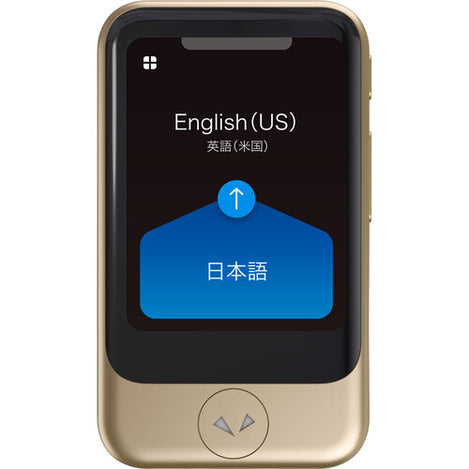 A gold and black Pockettalk Two-Way Voice Translator with Built-In Data and Camera displaying a black and blue screen