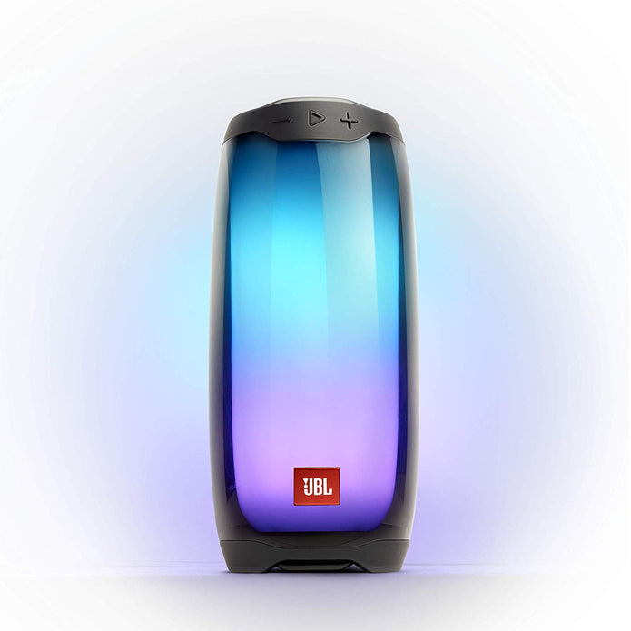 A black JBL Pulse 4 Portable Bluetooth Waterproof with Light Show Speaker with blue wraparound LED screen