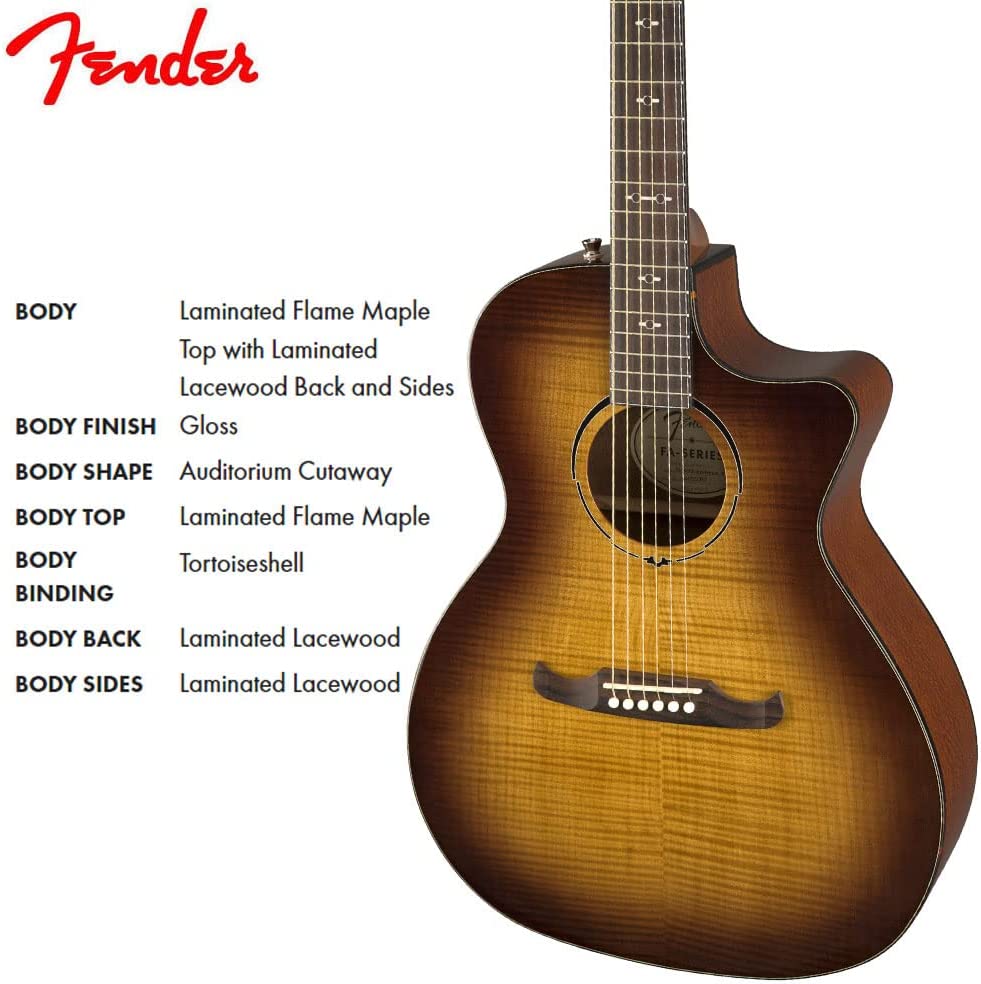 Fender FA-345CE Auditorium Bodied Acoustic Guitar, 3-Tone Tea Burst