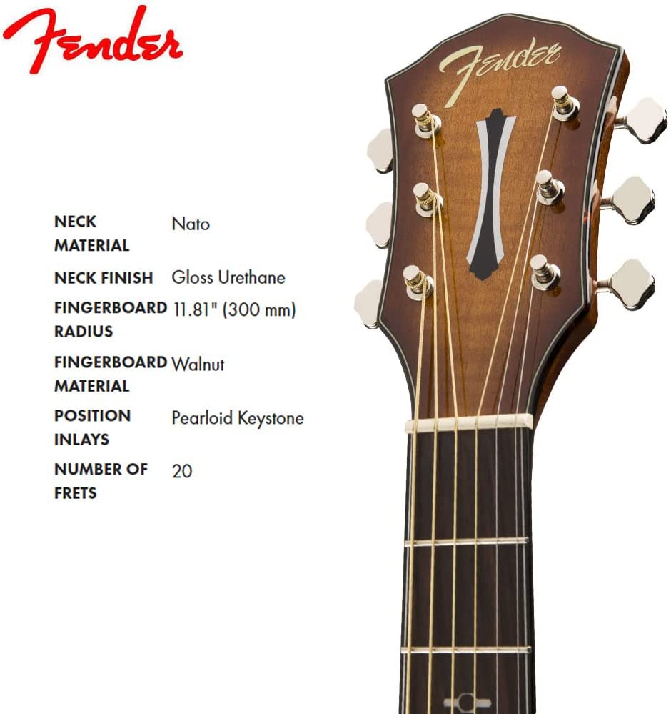 Fender FA-345CE Auditorium Bodied Acoustic Guitar, 3-Tone Tea Burst